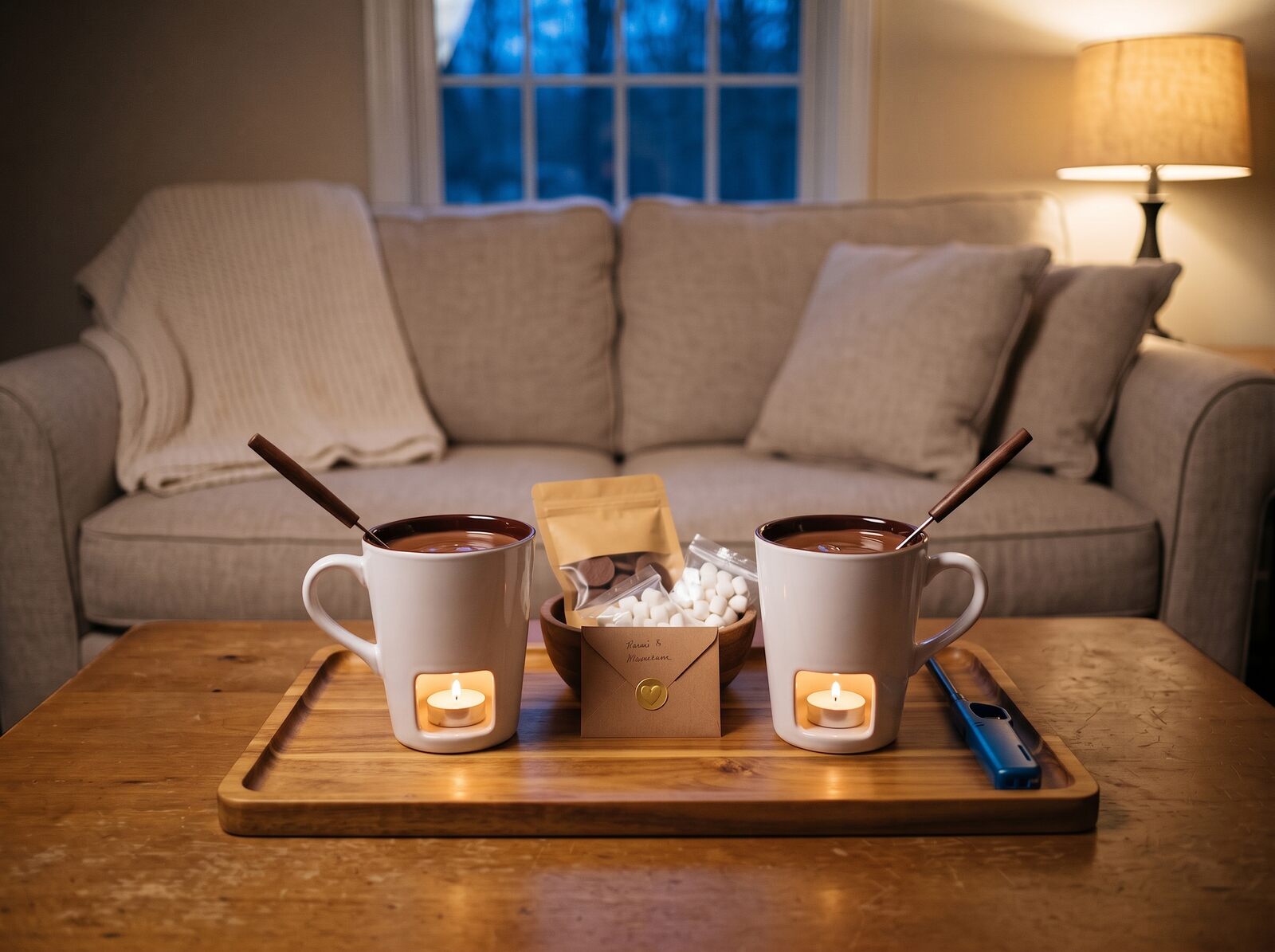Two white ceramic fondue cups on a wooden tray, a tea light glowing under each, a bag of chocolate, marshmallows and a kraft envelope between them, a sofa and a lamp behind.